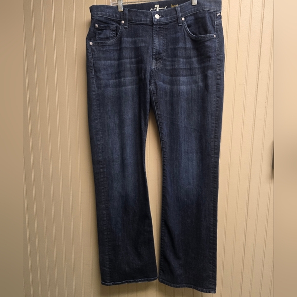 7 For All Mankind Mens Bootcut Jeans 36x32 Stretch Denim Whiskered Dark Blue - Picture 2 of 16